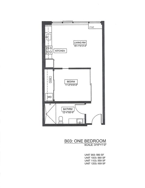 Floor plan for 1 bed, 1 bath, 560 sqft